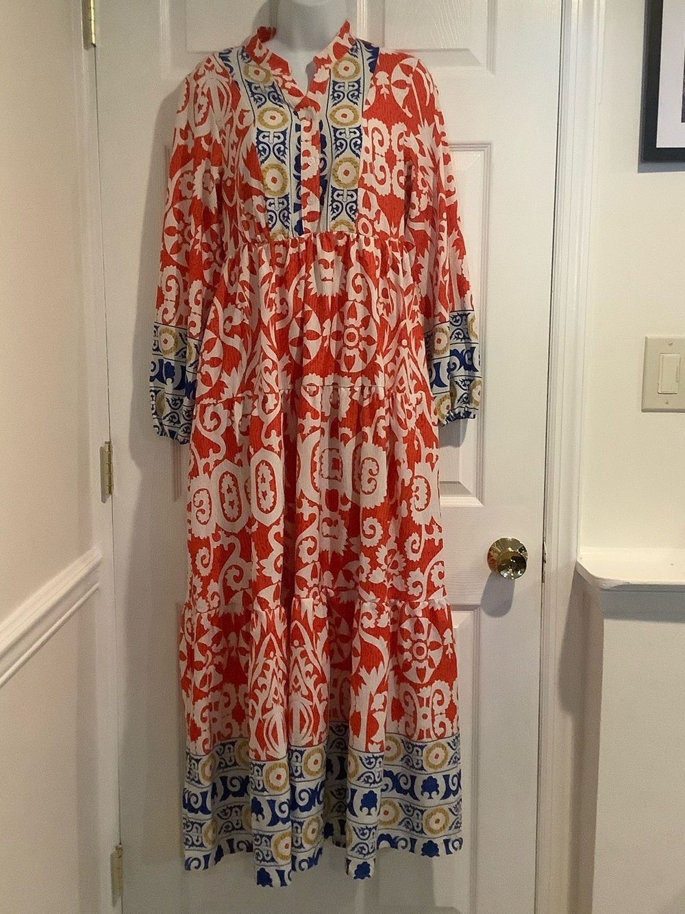 Bohemian Multicolor Boho Chic Funky Euro Vacation Long Sleeve Fall Maxi Dress S